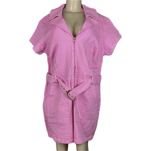 Show Me Your Mumu +1X Pink Denim Stretch Zip Front Pockets Short Sleeve Romper - Picture 2 of 6